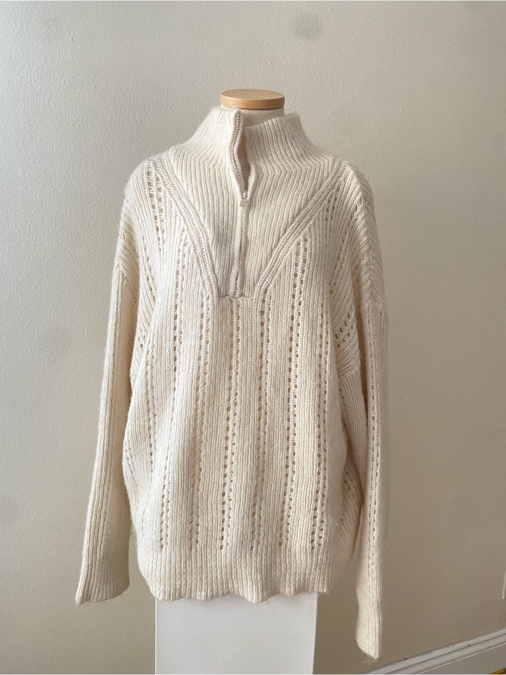 Mango Cream Open-Stitch Half-Zip Turtleneck Sweater